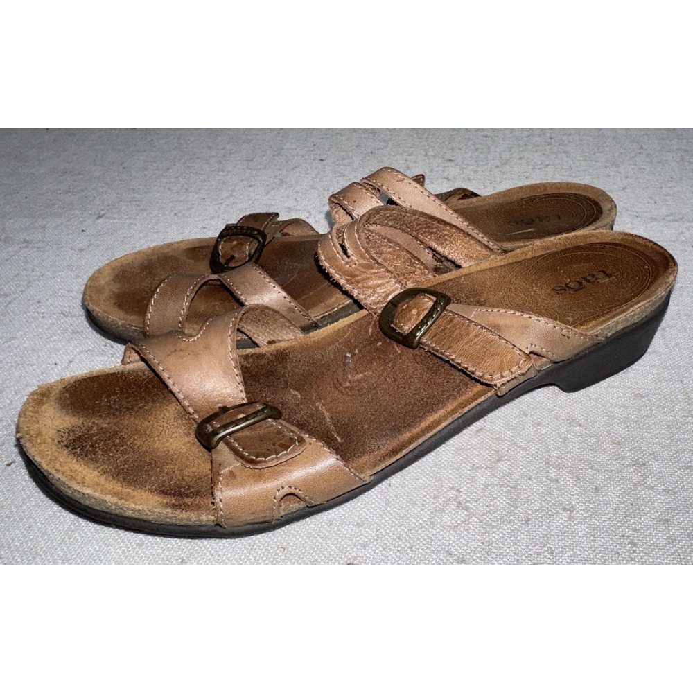 Taos Leather Slide Sandals Women's 39 8-8.5‎ Tan Brown Footbed Double Buckles